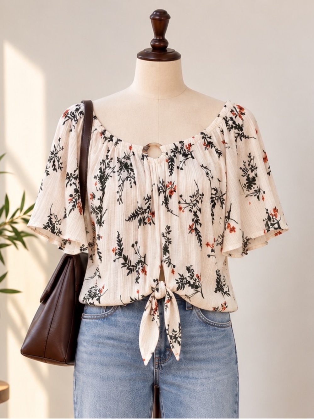 Lily Morgan Ivory Floral Tie Front Blouse Medium Boho Cottagecore Coastal